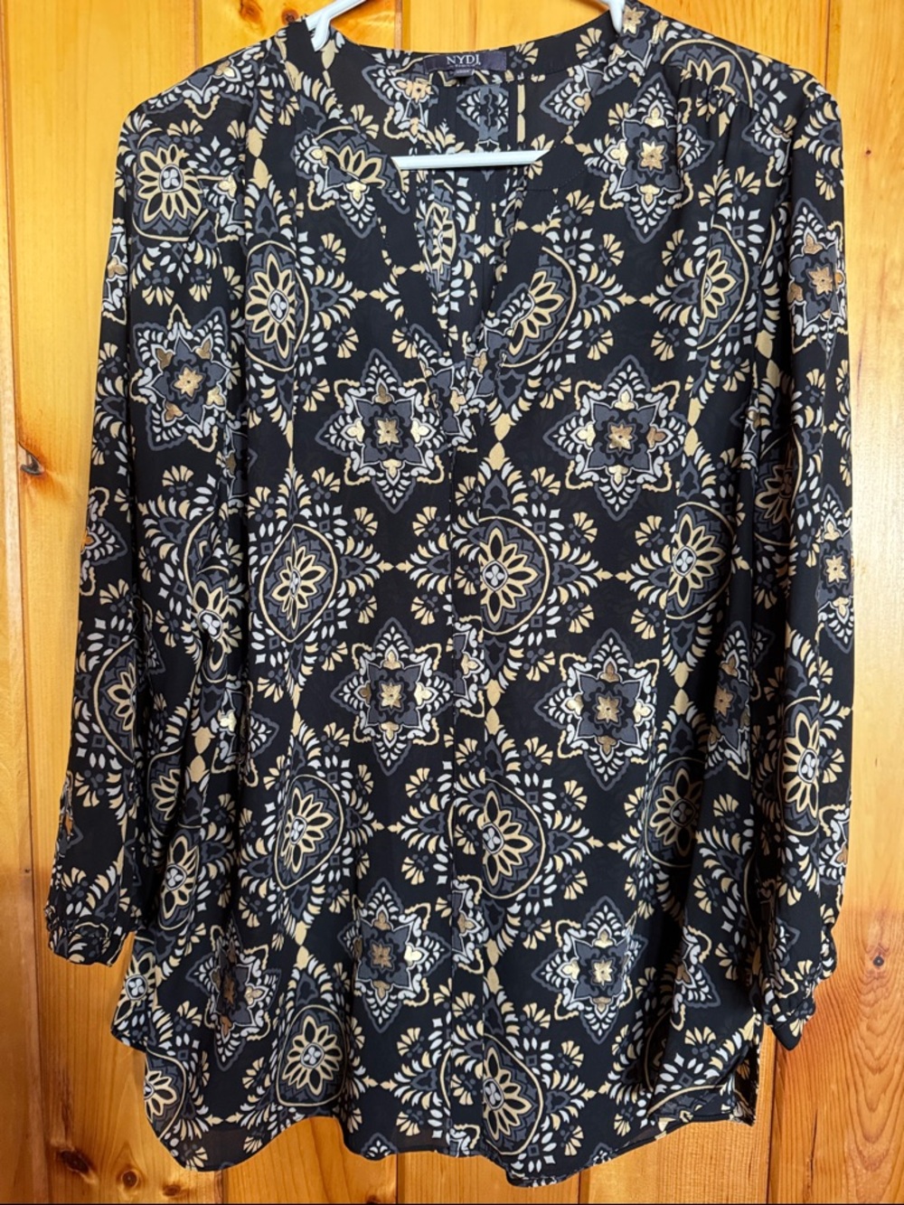 NYDJ Black V-Neck Blouse with Cream and Gray Medallion Print